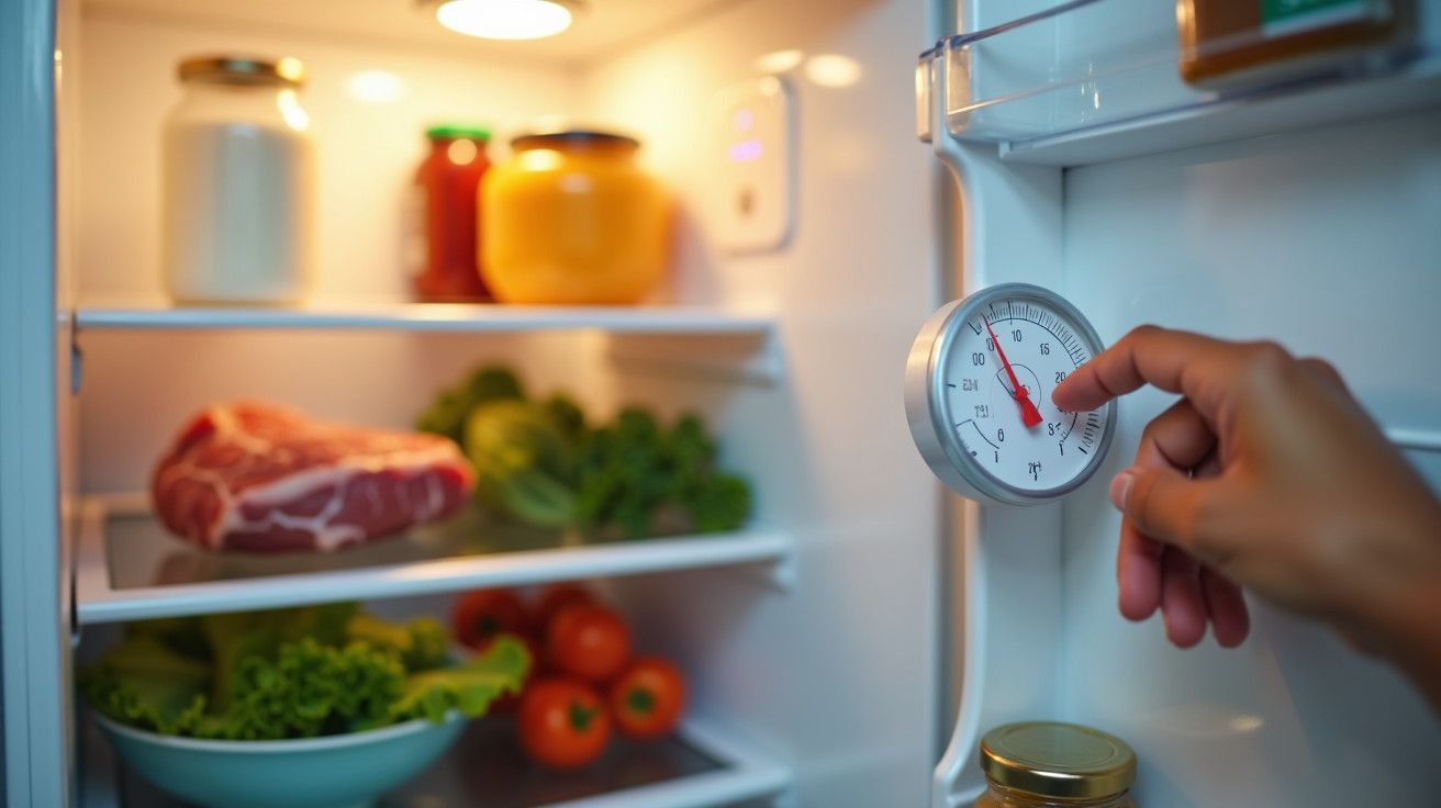 Mão ajustando um termómetro no frigorífico com carne, vegetais e jarros de vidro nas prateleiras iluminadas.
