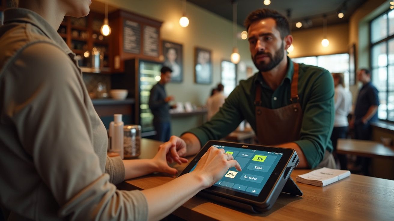 Cliente paga num tablet no balcão de uma cafetaria, atendente observa. Ambiente descontraído, luz suave.