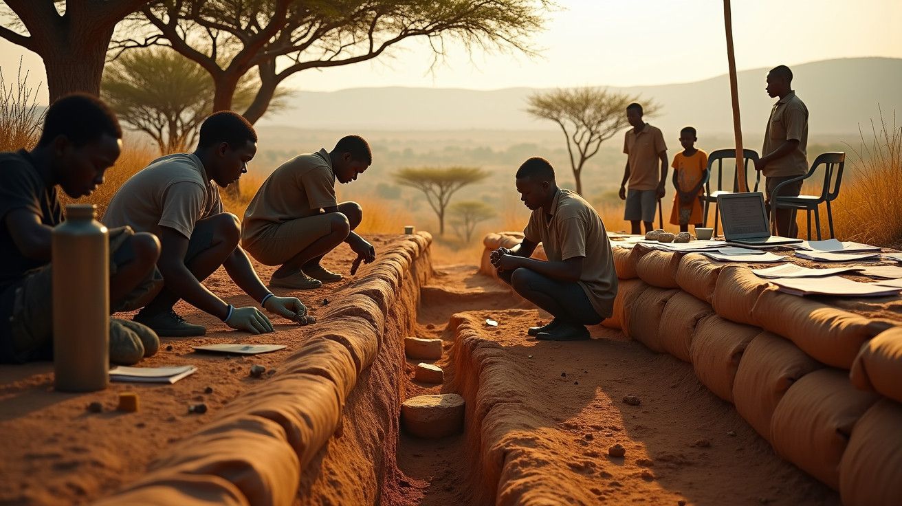 Arqueólogos escavam em zona deserta ao pôr do sol, cercados por árvores e equipamentos, em busca de artefactos históricos.