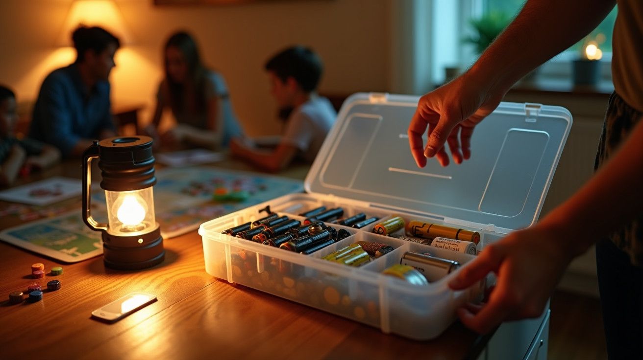 Pessoa pega pilha de caixa, lanterna acesa na mesa. Família ao fundo joga jogo de tabuleiro à luz da lanterna.