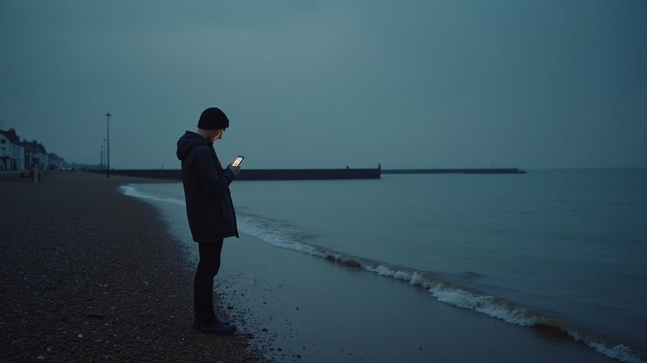 Pessoa sozinha na praia à noite, lendo no telemóvel, com um mar calmo e céu nublado ao fundo.