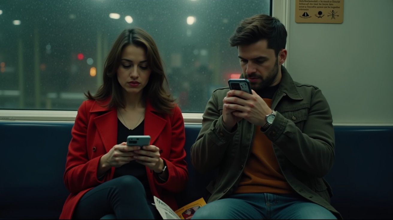 Duas pessoas sentadas no metro, concentradas nos seus telemóveis, com fundo de janela chuvosa.