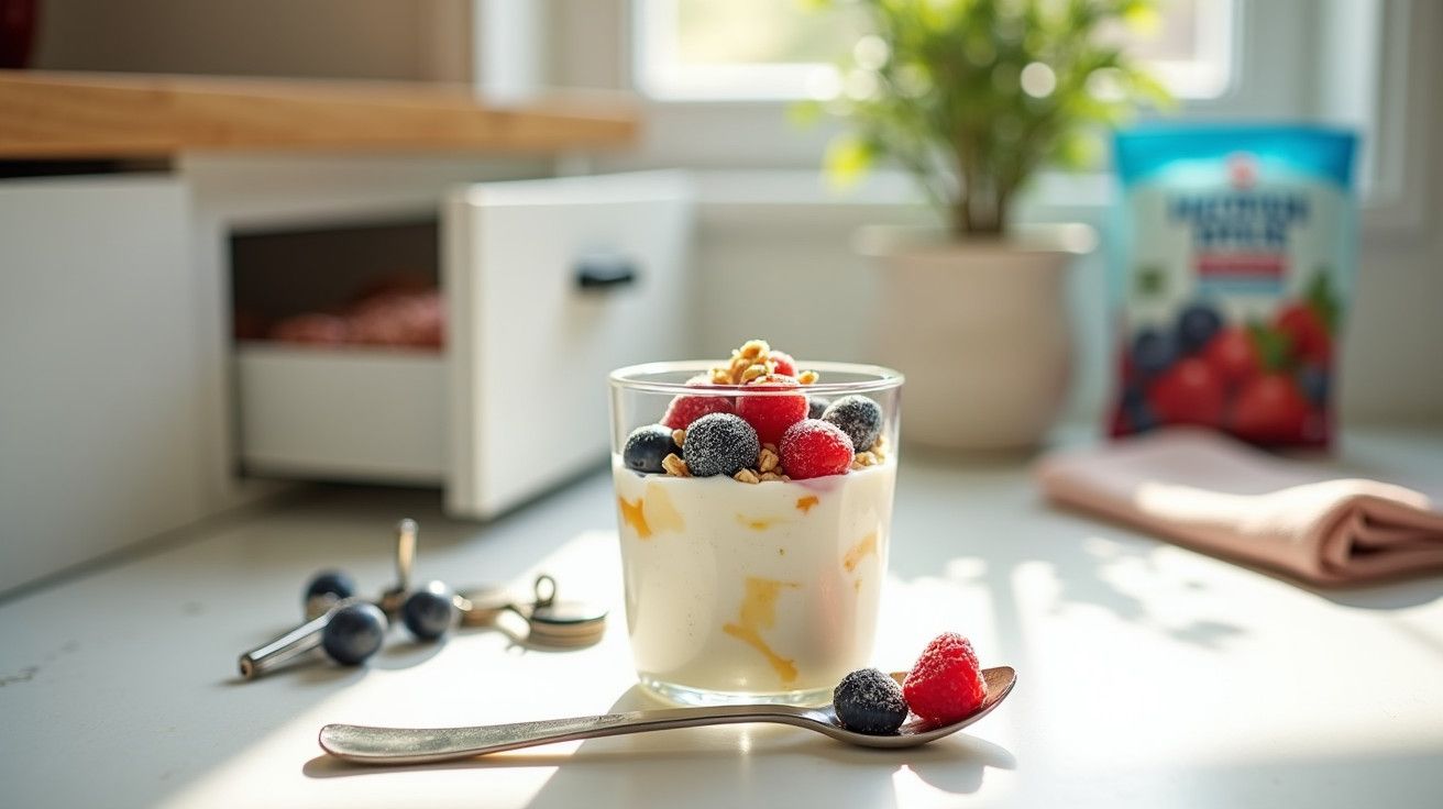 Copo de iogurte com frutas vermelhas e nozes numa cozinha iluminada, colher ao lado e planta ao fundo.