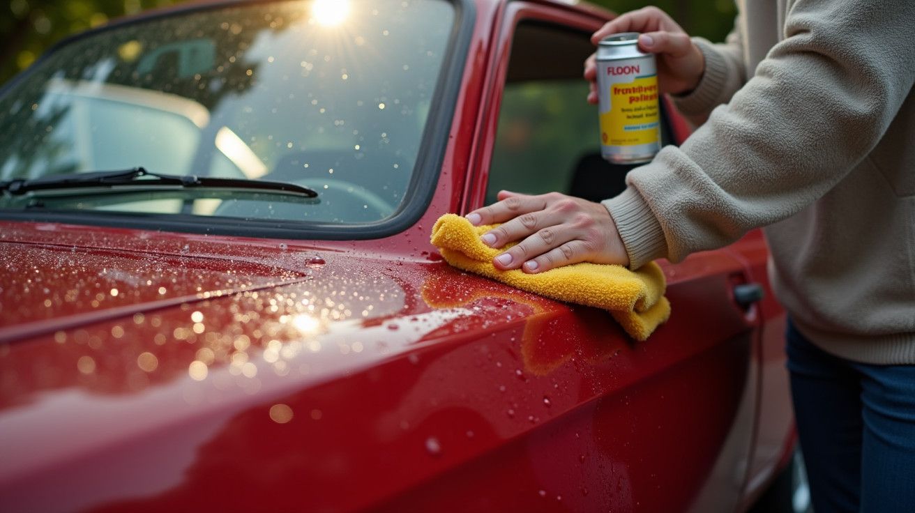 Pessoa a polir carro vermelho com pano amarelo e cera sob luz do sol.