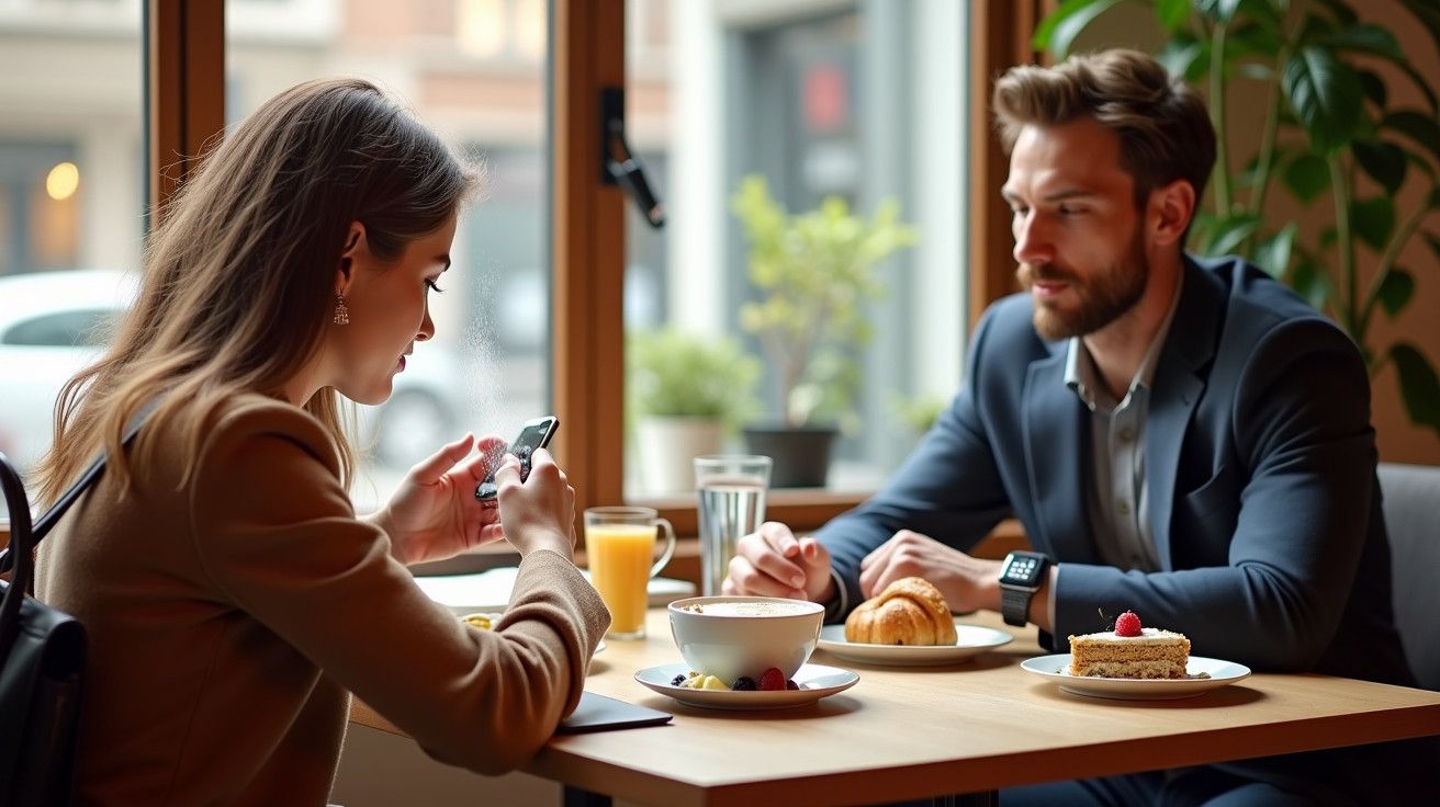 Casal a tomar pequeno-almoço num café, com sobremesas e bebidas, mulher a usar o telemóvel, homem a observar.