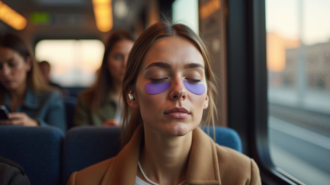 Mulher de olhos fechados num comboio com máscaras de olhos roxas e auscultadores.