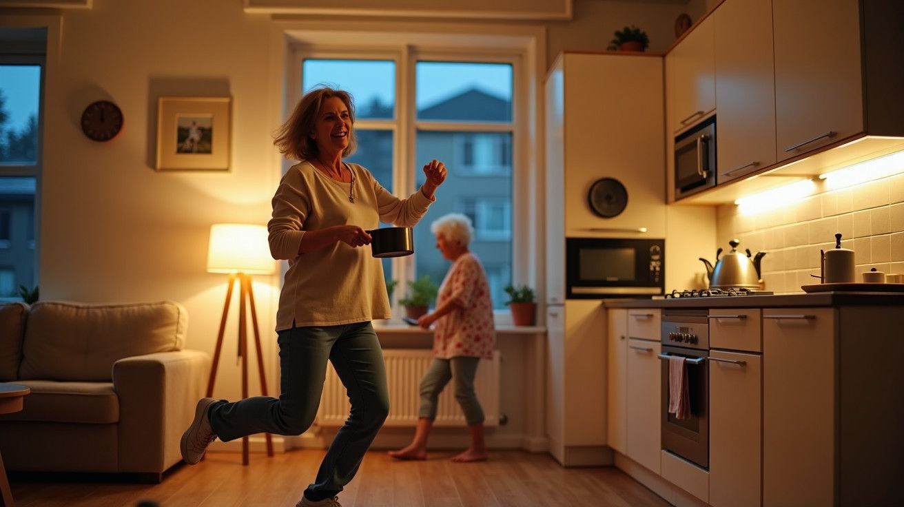 Mulher a dançar alegremente na cozinha iluminada ao anoitecer, enquanto outra mulher está junto à janela.