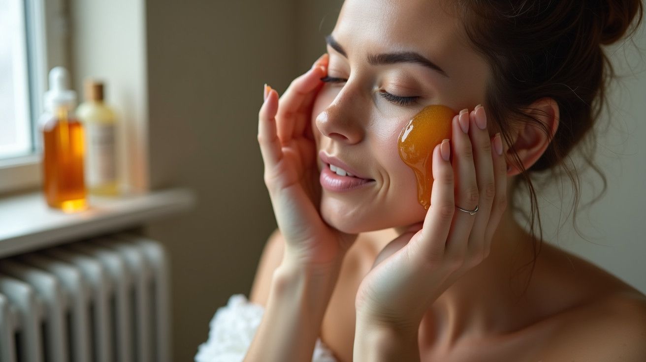 Mulher aplicando máscara facial de mel, olhos fechados, em ambiente caseiro iluminado pela luz da janela.