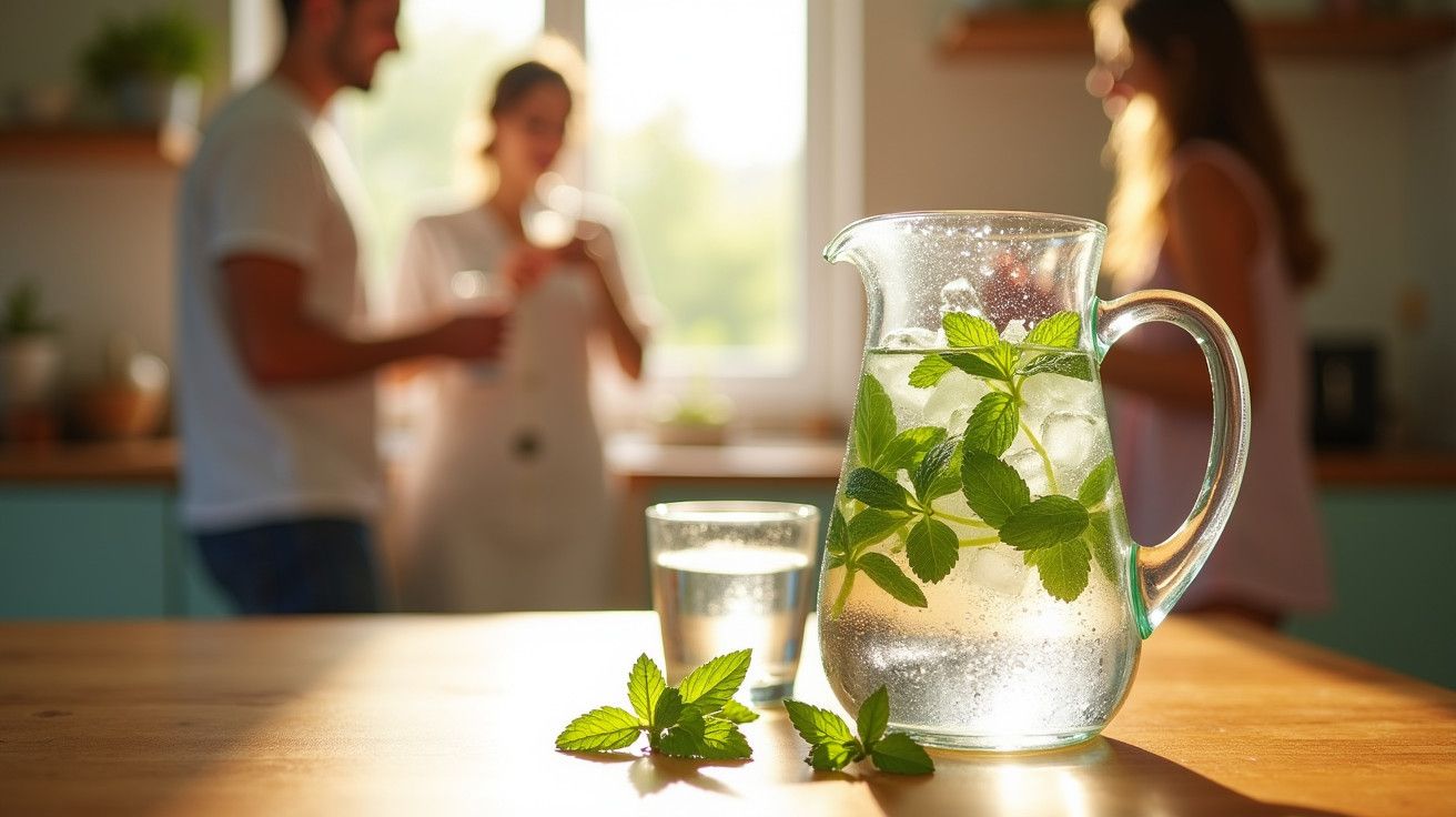 Jarro de água com folhas de hortelã numa cozinha; duas pessoas conversam ao fundo.