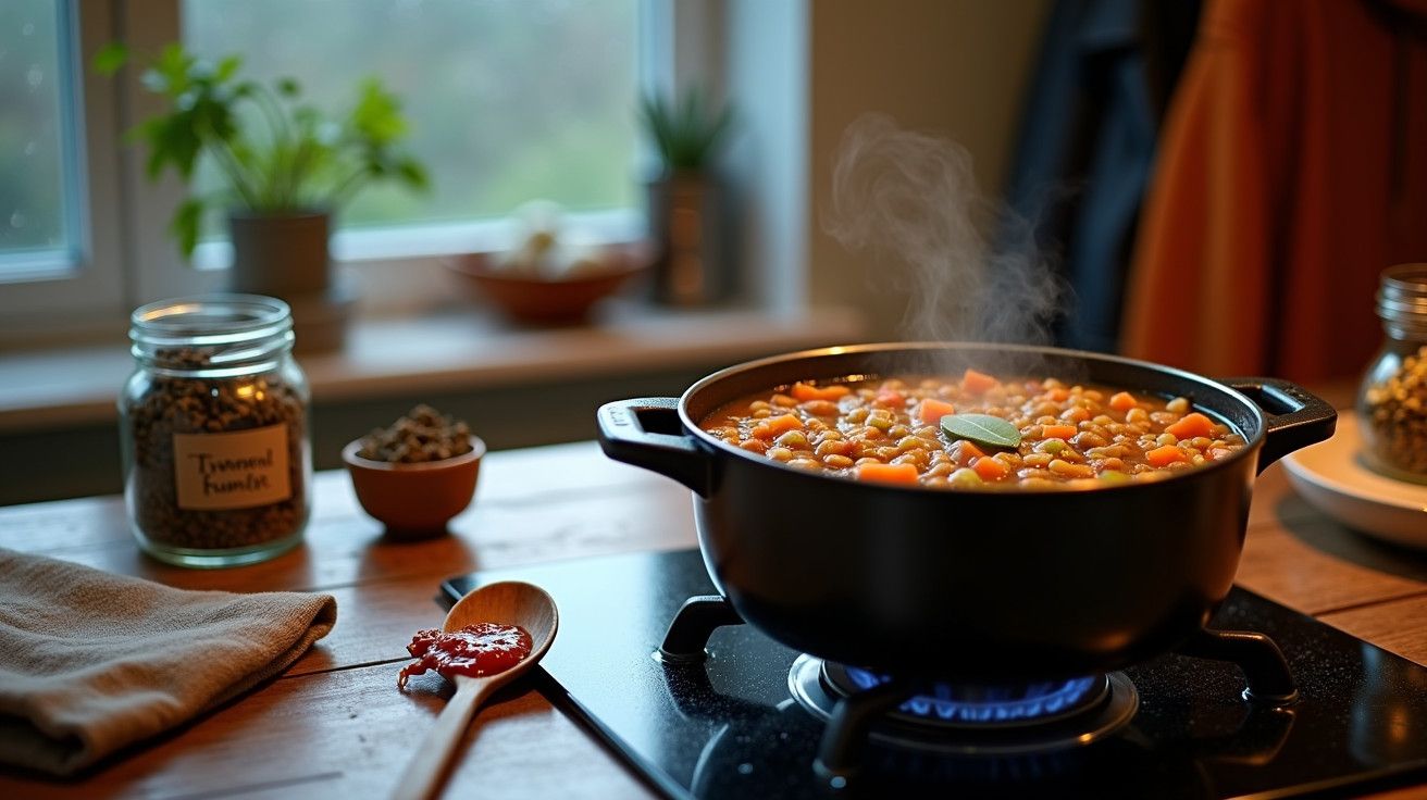 Panela preta a ferver com feijão laranja, numa cozinha aconchegante, com especiarias e utensílios ao lado.