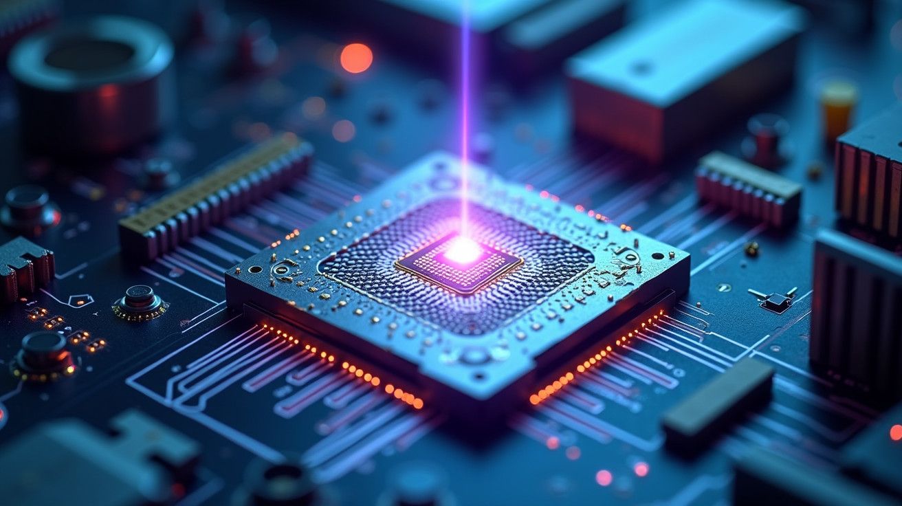Chip eletrônico num circuito impresso com luz roxa incidindo sobre ele.