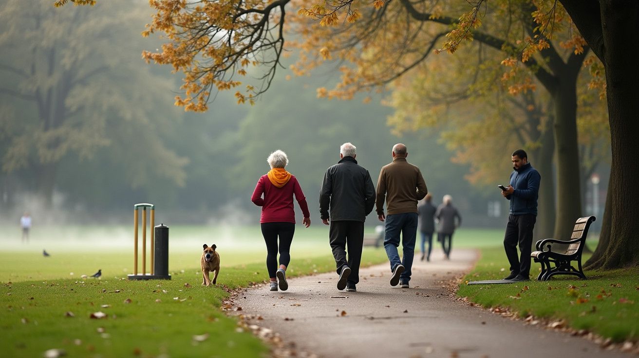 Pessoas a caminhar em parque arborizado, outono; casal com cão, homem ao lado e pessoa ao telemóvel.