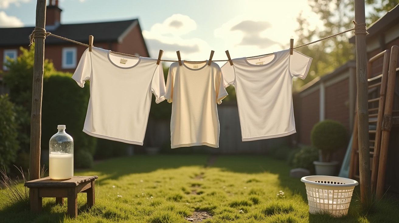 Três camisetas brancas penduradas num estendal no jardim, com um jarro de vidro e um cesto de roupa ao lado.