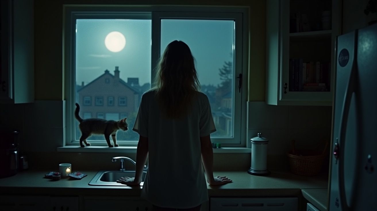 Mulher e gato na cozinha à noite, olhando pela janela iluminada pela lua.