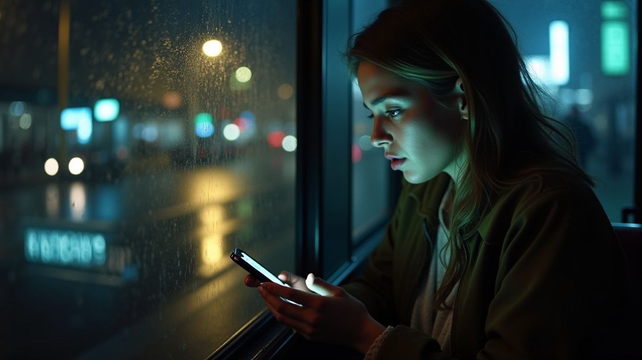 Mulher usa smartphone num autocarro à noite, com ruas iluminadas pela chuva ao fundo.