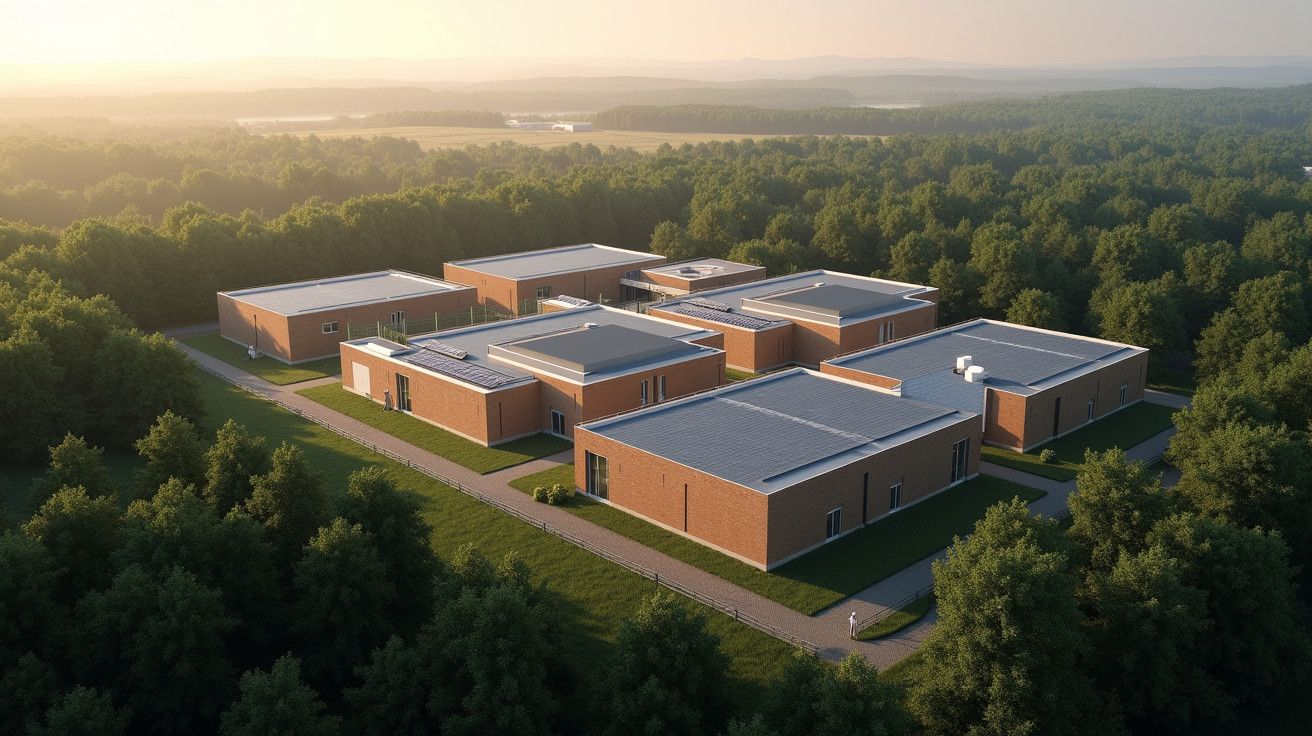 Complexo de edifícios de tijolo rodeado por floresta, com luz suave do amanhecer e horizonte distante.