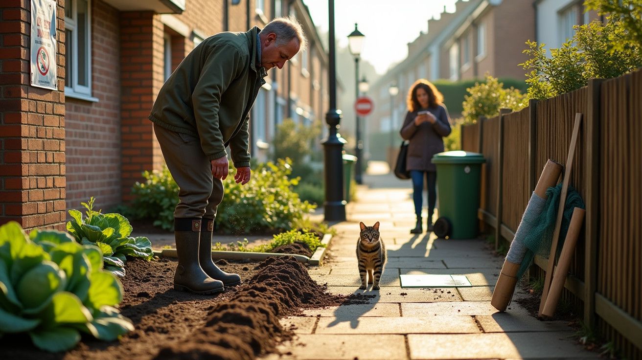 Homem num jardim conversa com gato numa rua ensolarada, mulher ao fundo caminha com telemóvel na mão.
