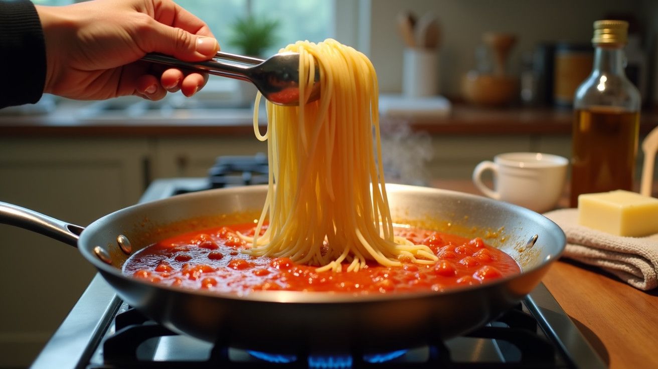 Mão segura espaguete numa pinça sobre panela com molho de tomate ao lume, em cozinha moderna.