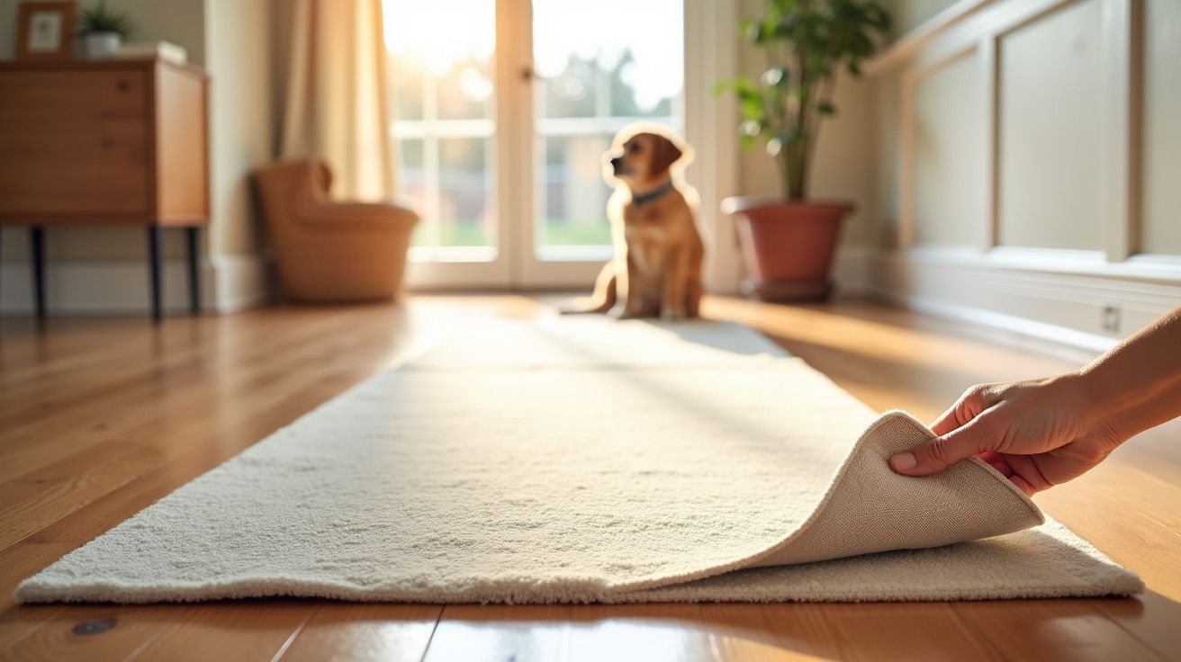 Pessoa enrola tapete claro numa sala com cão ao fundo, luz solar entra pela porta envidraçada.