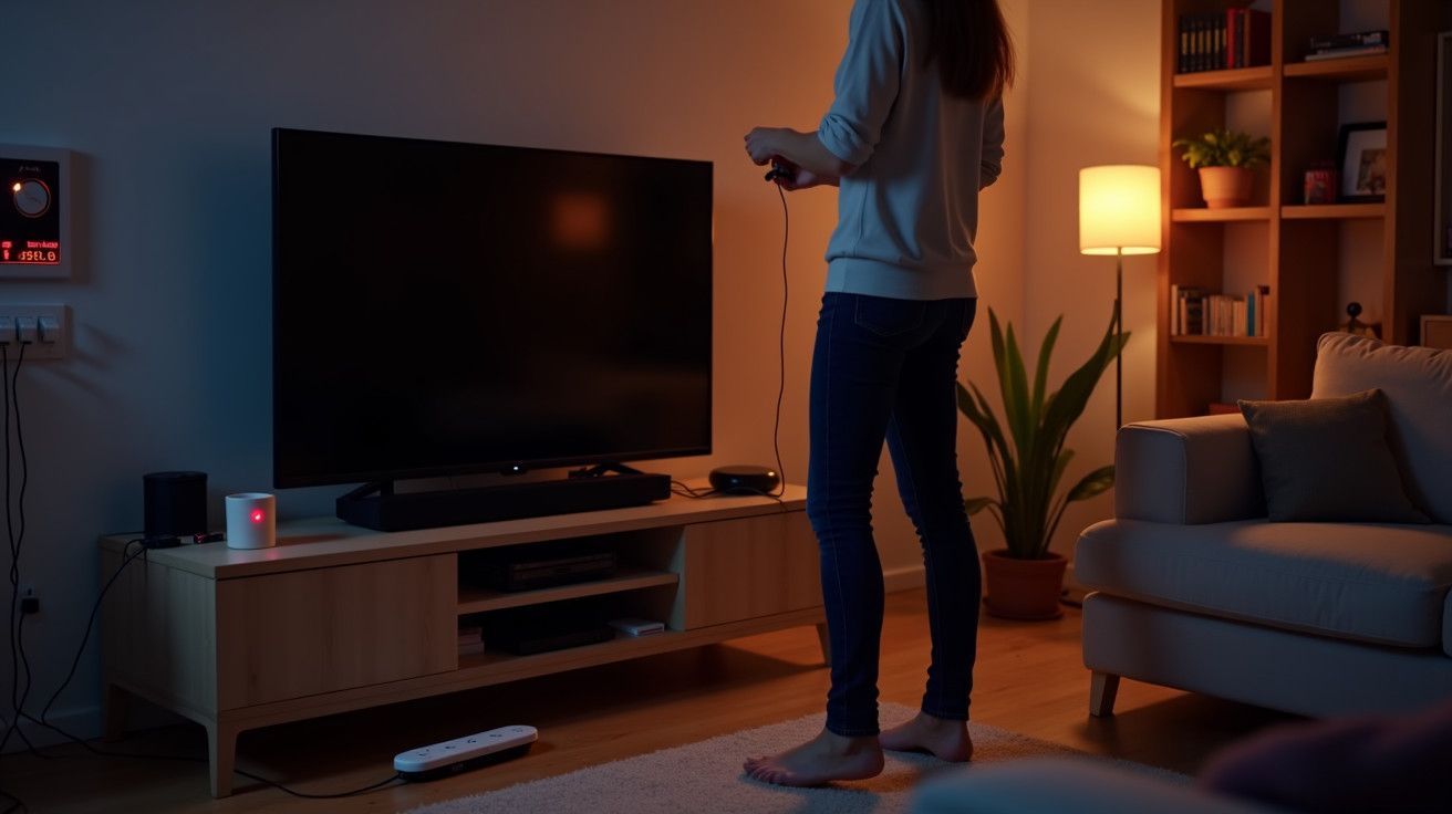 Mulher jogando videojogo numa sala iluminada suavemente, em frente a uma televisão de ecrã grande.