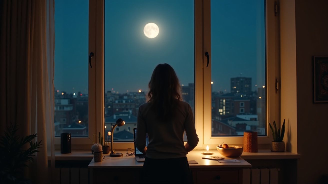 Mulher observando a lua cheia através de uma janela, com vista para uma cidade iluminada à noite.