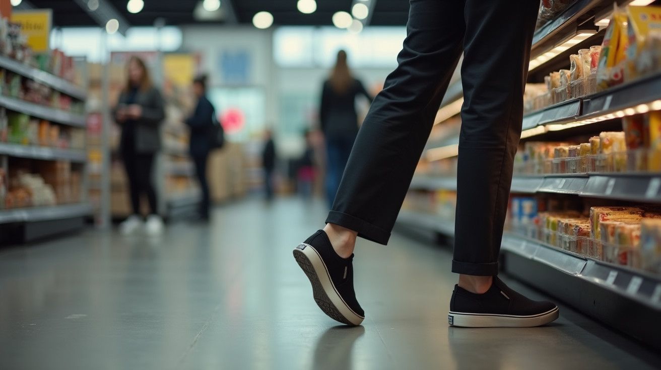 Pessoa de calças pretas e sapatilhas a olhar para prateleira num supermercado movimentado.