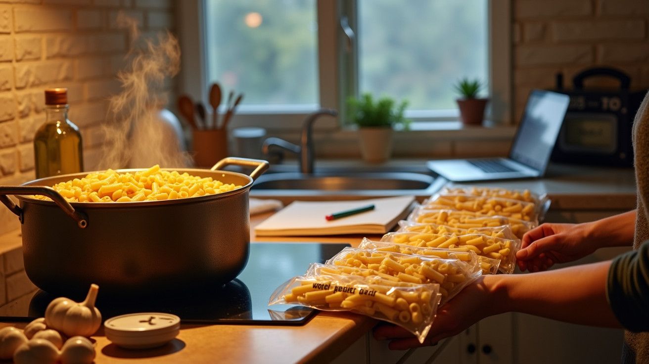 Pessoa embalando massa cozida em sacos na cozinha, com panela a vapor no fogão e luz suave pela janela.