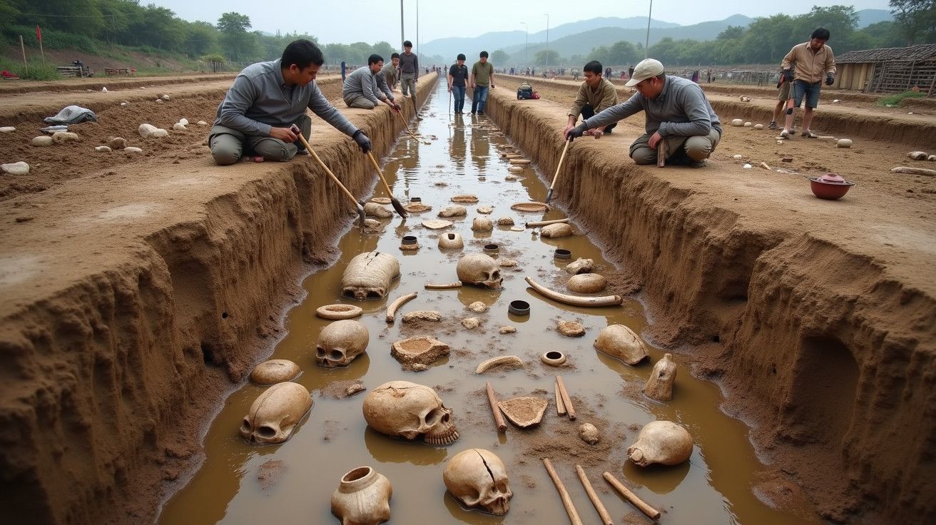 Arqueólogos escavam crânios e artefatos de um sítio arqueológico em trincheira lamacenta ao ar livre.