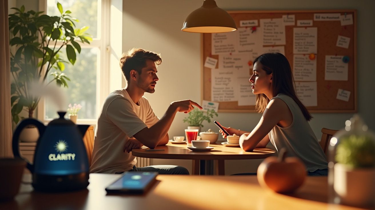 Casal sentado à mesa num café, conversando. Atrás, quadro de anotações. Chaleira com palavra "Clarity" no primeiro plano.