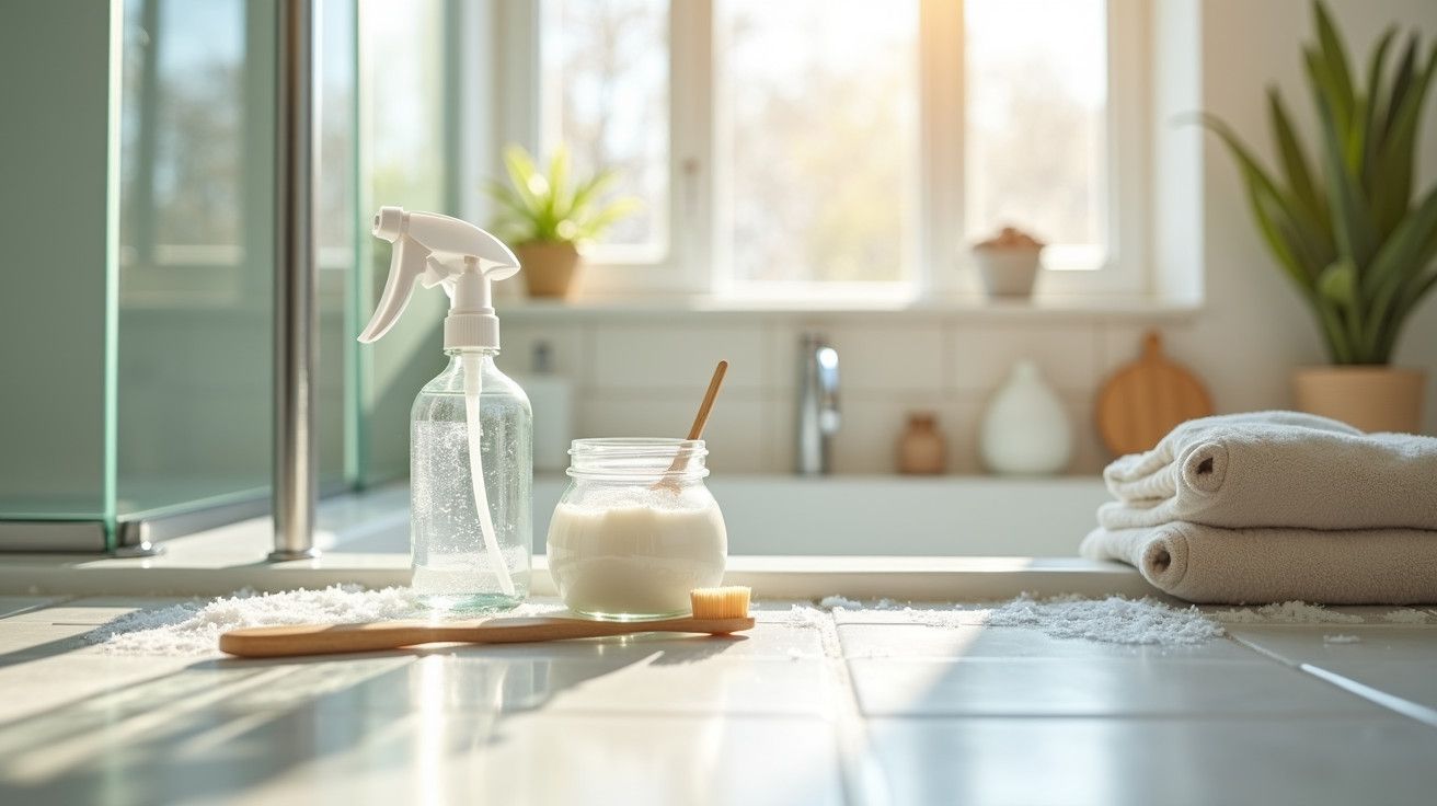 Frascos de limpeza e toalhas brancas numa bancada de casa de banho iluminada pelo sol, com plantas ao fundo.