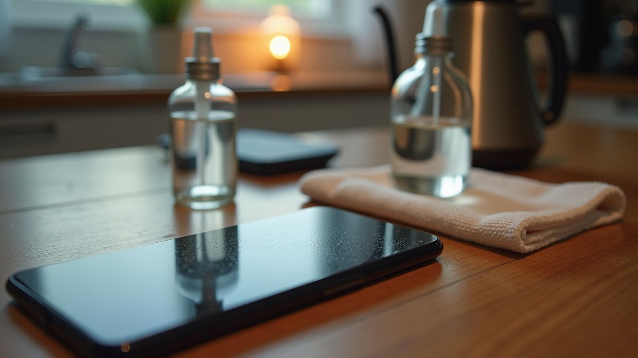 Mesa de madeira com smartphone, frascos de spray e pano, em cozinha com luz suave ao fundo.