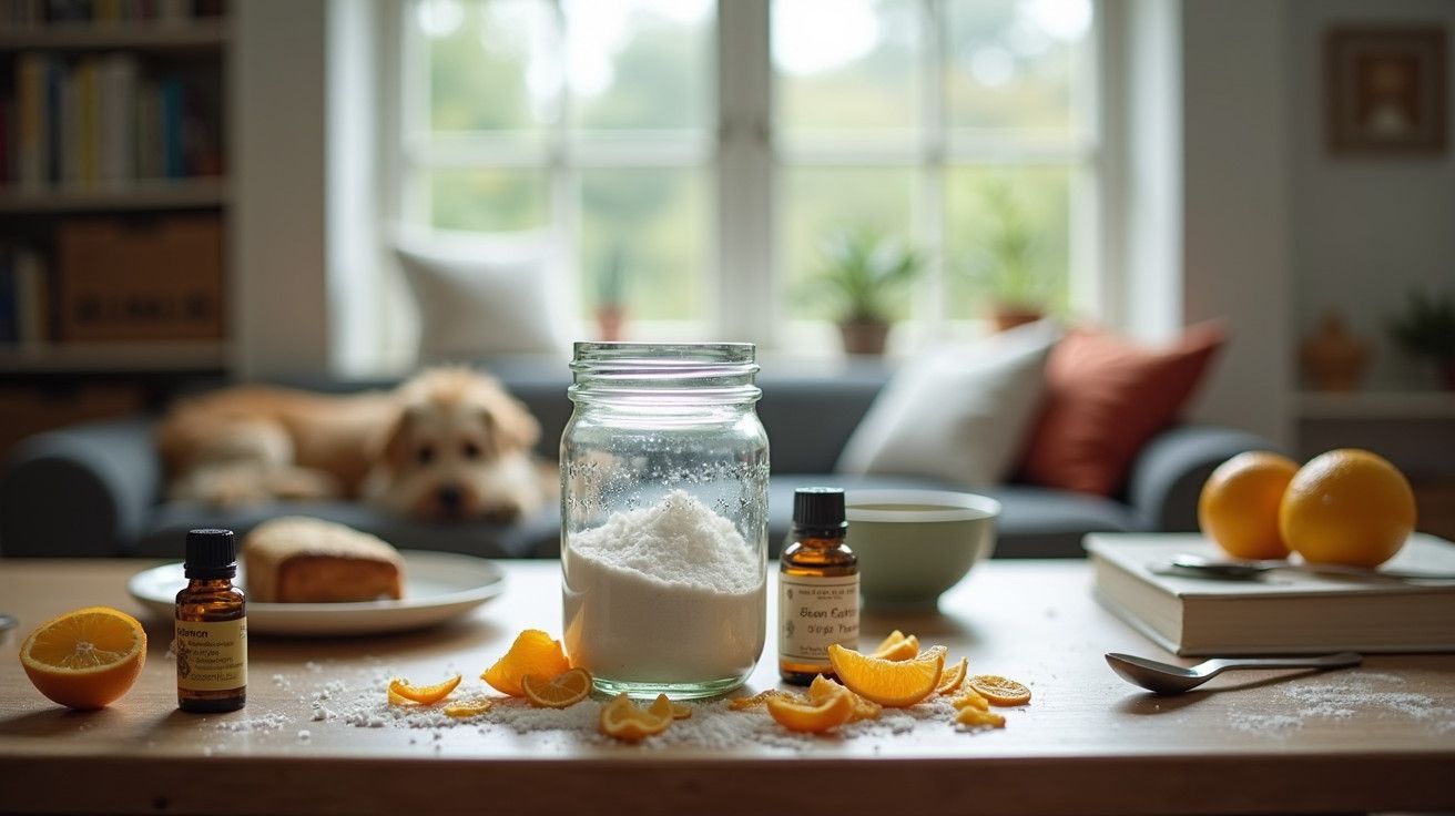 Frasco de vidro com farinha, óleos essenciais, laranjas e livro numa mesa; cão deitado no sofá ao fundo.
