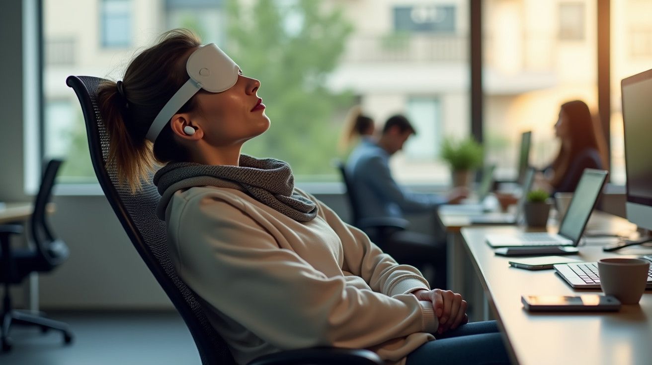 Mulher relaxa com máscara ocular e auriculares numa cadeira de escritório, enquanto outros trabalham em computadores ao fundo