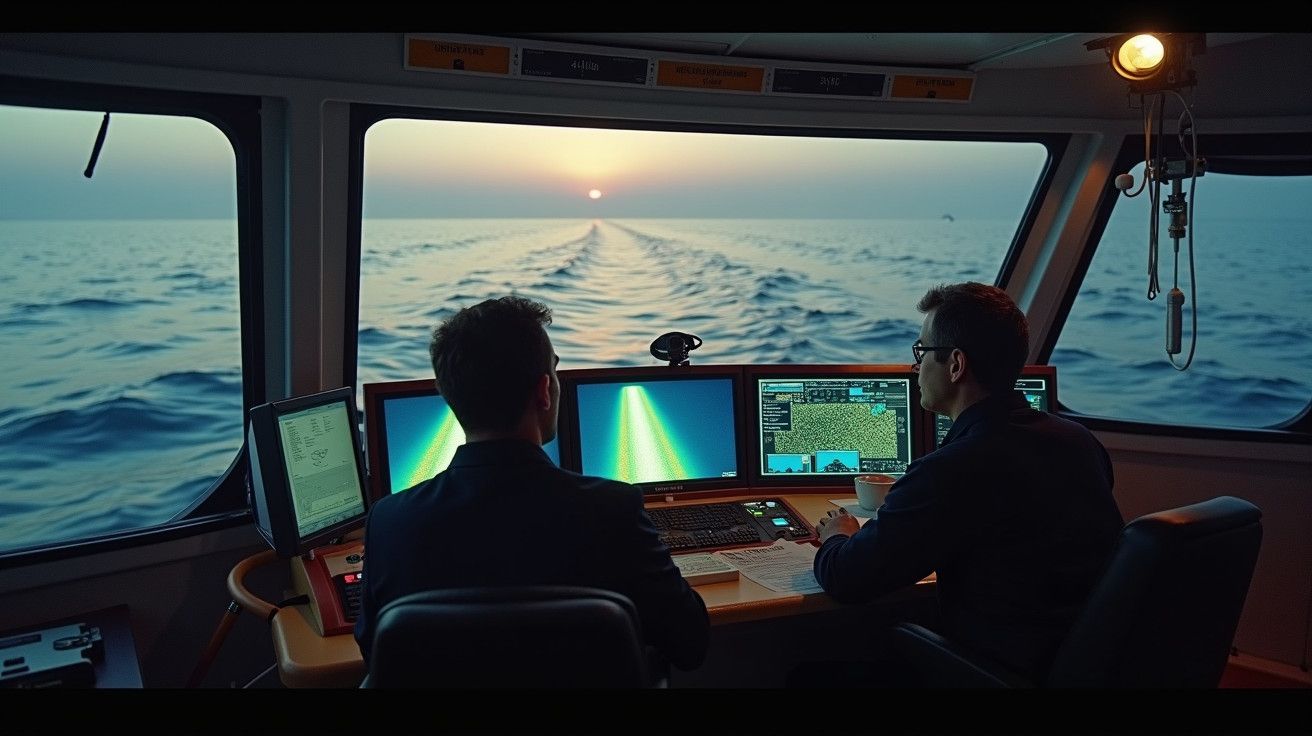 Dois homens numa cabine de navio, monitorizando ecrãs com gráficos, enquanto o sol se põe no oceano à frente.
