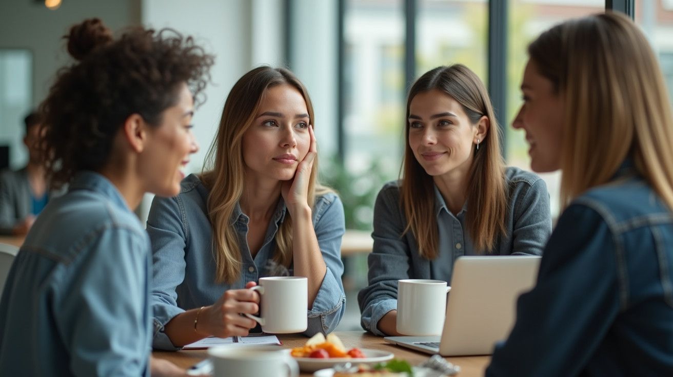 Quatro mulheres conversam numa mesa de café, segurando canecas, ao lado de um computador portátil.