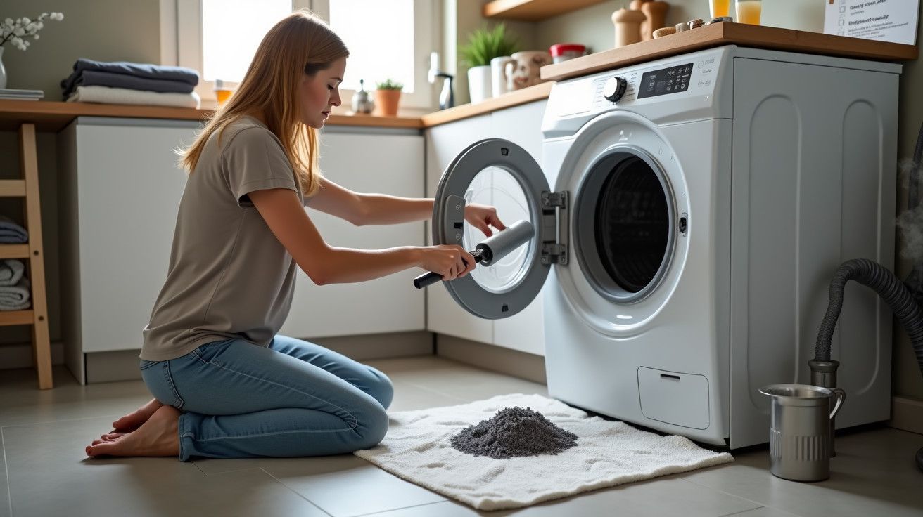 Mulher agacha-se a limpar filtro da máquina de secar roupa com escova, com fiapos no chão, em lavandaria iluminada.