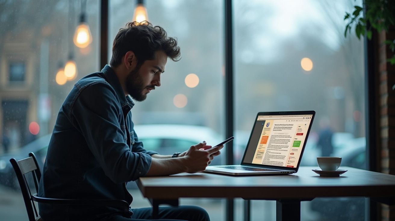 Homem num café, a utilizar um smartphone e um portátil, com chávena ao lado, junto a uma janela envidraçada.