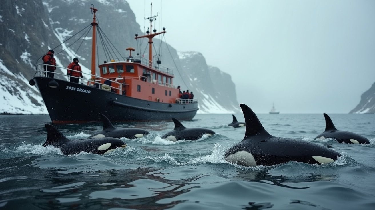 Orcas nadam perto de um barco vermelho num fiorde ártico com neve nas montanhas ao fundo.