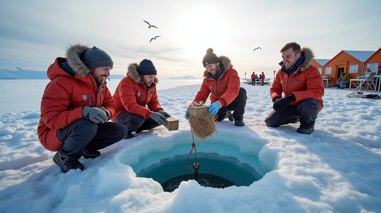 Quatro pessoas em casacos vermelhos junto a um buraco no gelo, executando pesquisa científica, com casas e gaivotas ao fundo.