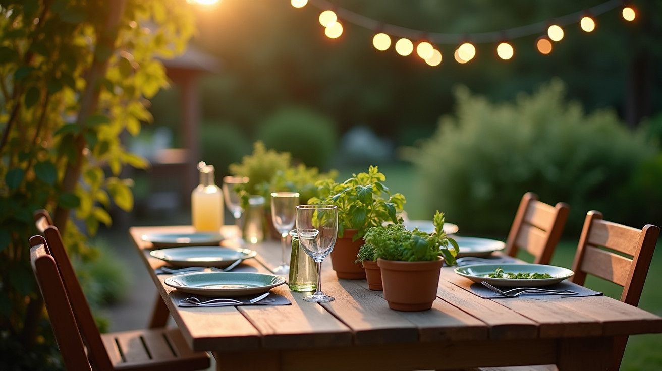 Mesa de jantar ao ar livre, decorada com plantas, copos e pratos, sob luzes suspensas ao entardecer.