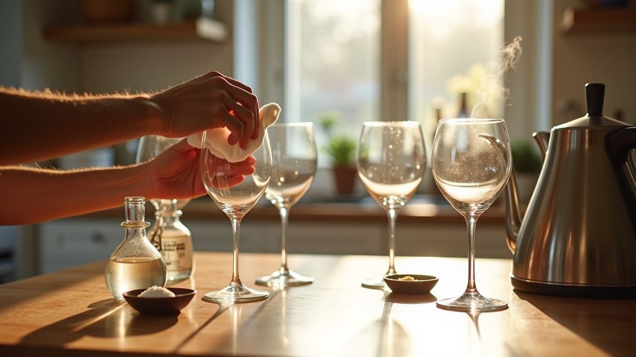 Mãos a limpar copos de vinho com um pano; luz suave ao fundo e chaleira à direita numa cozinha iluminada.