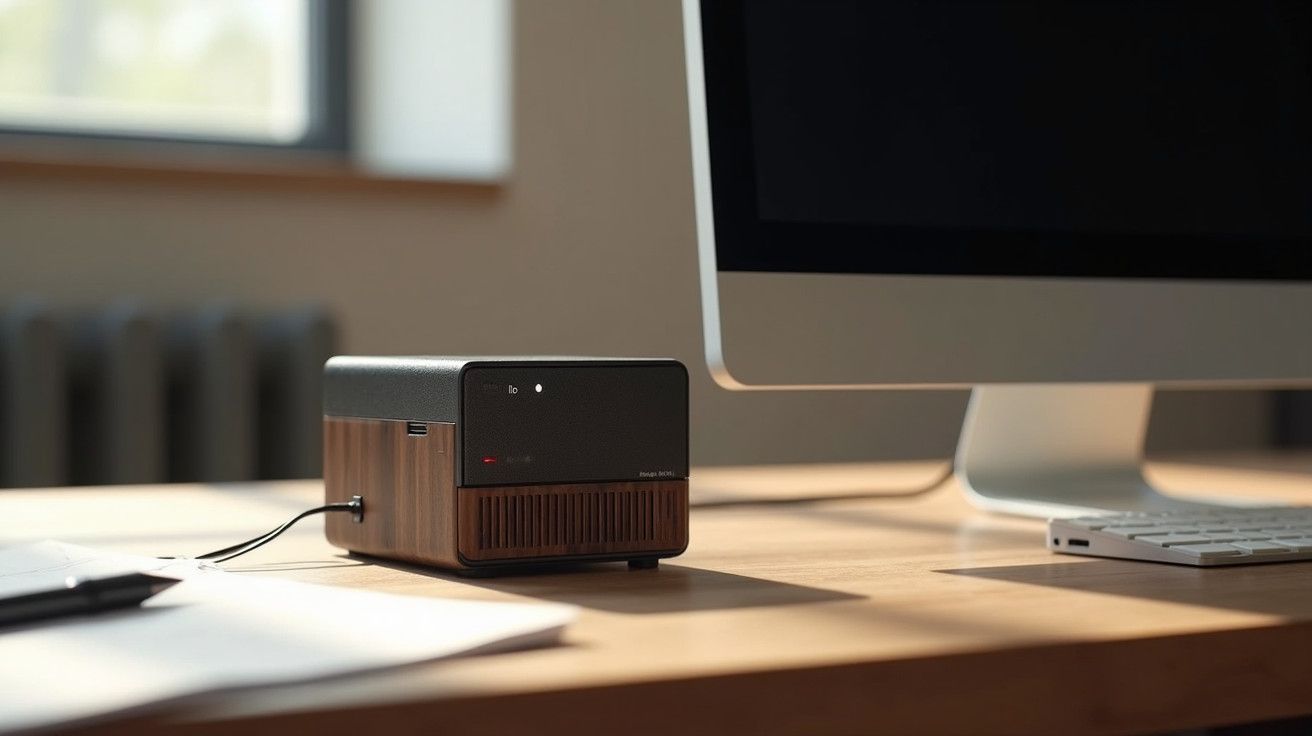 Computador de mesa moderno com mini caixa de som em madeira ao lado, num ambiente de escritório iluminado.