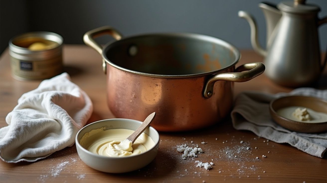 Panela de cobre com manteiga e sal num ambiente de cozinha rústico, próximo a pano branco e utensílios.