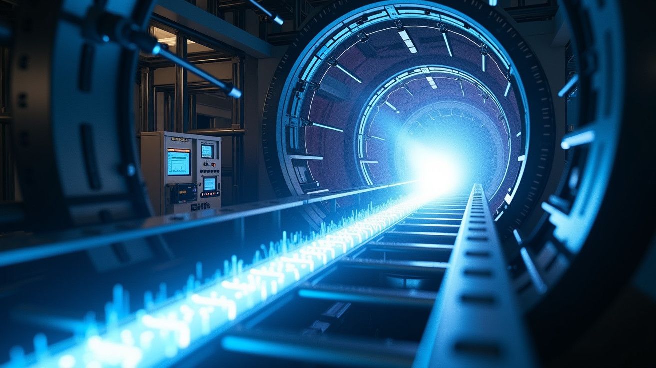 Vista interna de um túnel futurista com luz azul brilhante no centro e equipamento tecnológico ao lado.