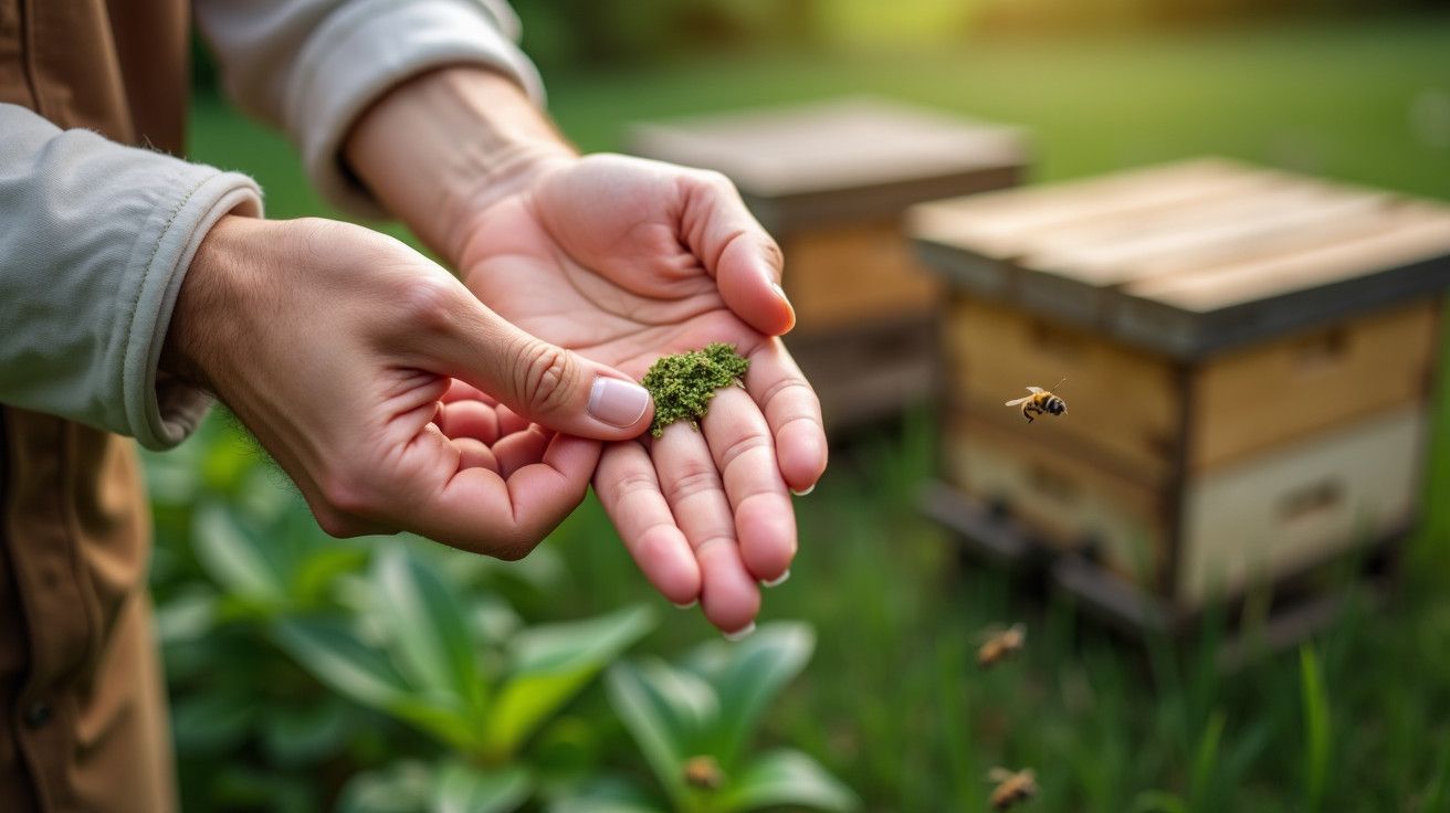 Mãos segurando musgo, com colmeias no fundo e abelha voando em direção a elas num jardim verde ao entardecer.