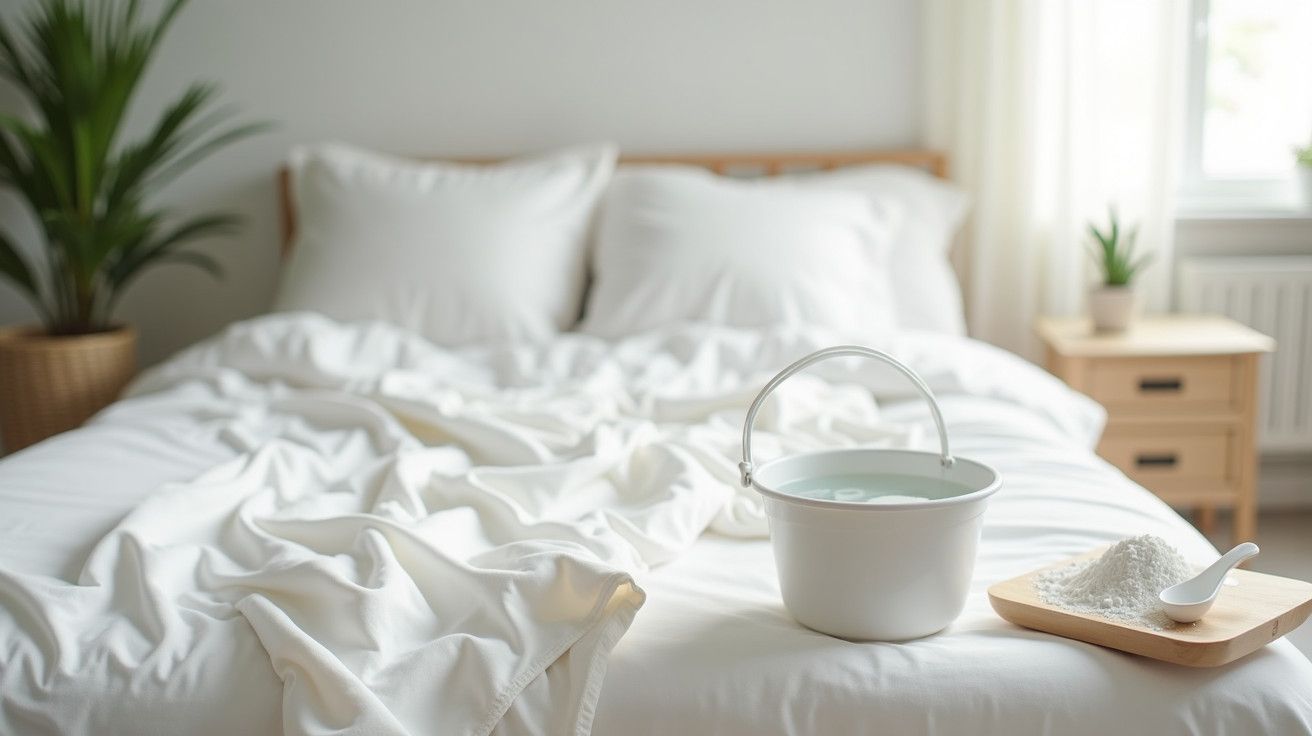Cama branca desarrumada com balde de água e pó em cima, planta e mesa de cabeceira ao fundo.