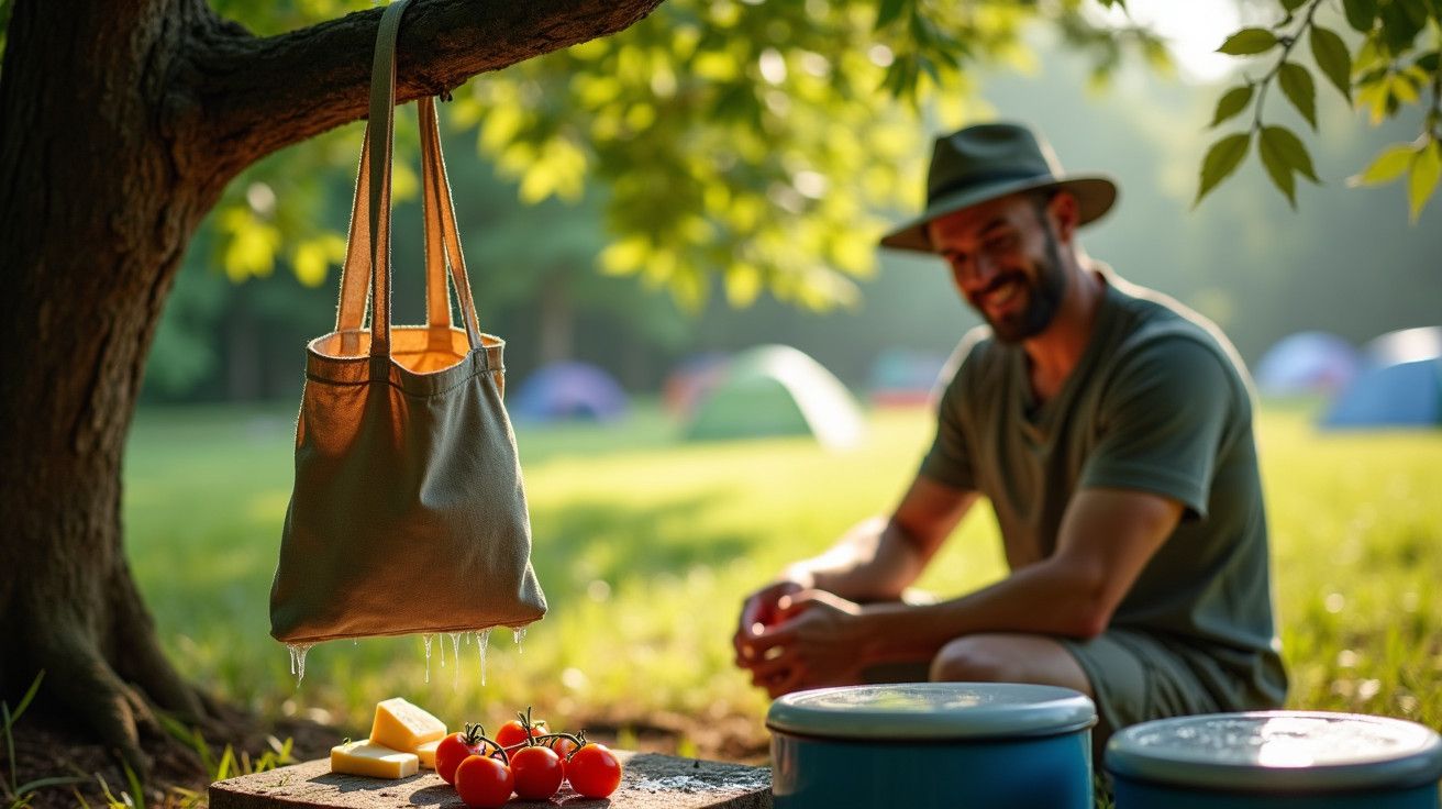 Homem sorridente de chapéu senta-se no parque, com tomates, queijo e bolsa pendurada em árvore ao fundo.