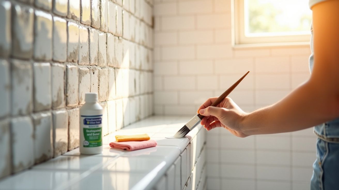 Pessoa pinta azulejos num WC com trincha; produtos de limpeza e panos ao lado. Luz solar entra pela janela.