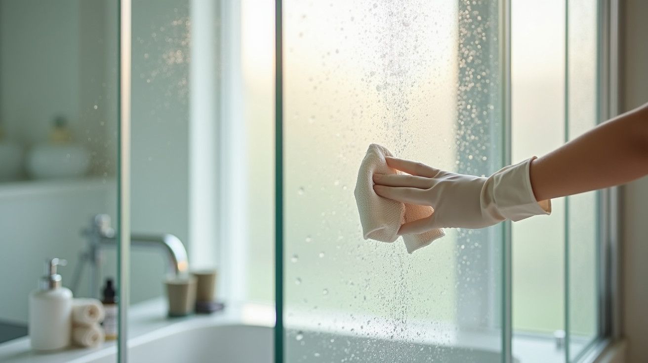 Mão com luva limpa vidro de chuveiro com pano, banheiro ao fundo.