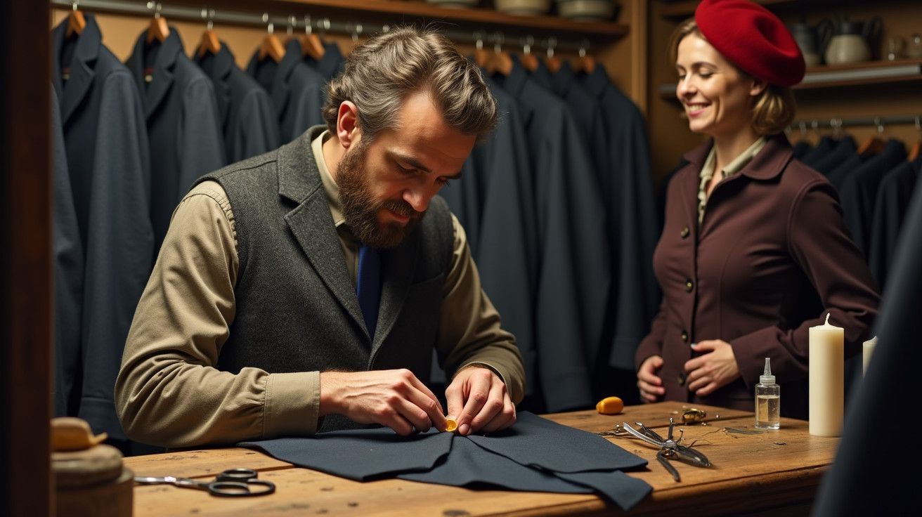 Alfaiate a costurar tecido azul numa mesa de madeira, com várias peças de roupa penduradas ao fundo e mulher a observar.